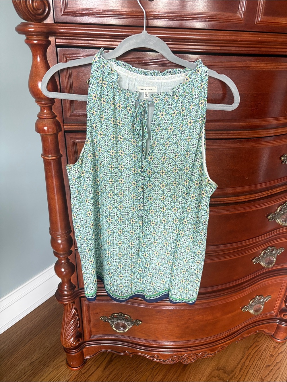 Max Studio Sleeveless, Halter-Style, Printed Blouse -Shades Of Green & Navy